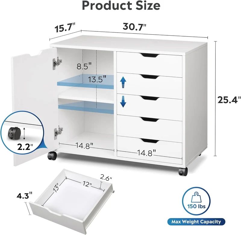 DEVAISE 5-Drawer Wood Mobile Storage Cabinet with Door
