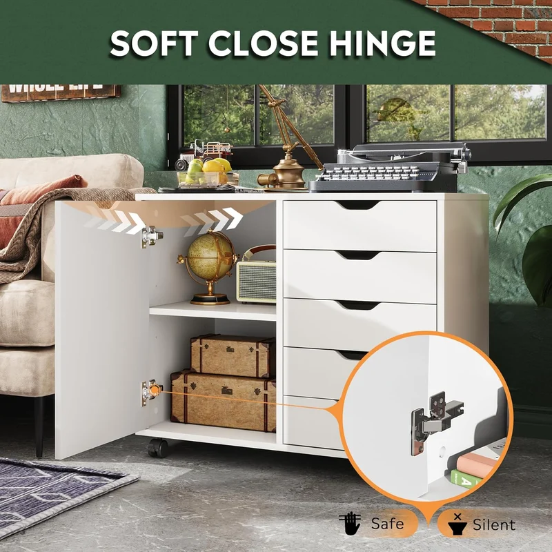 DEVAISE 5-Drawer Wood Mobile Storage Cabinet with Door