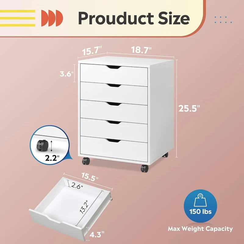 DEVAISE 5-Drawer Modern Wood Storage Dresser & File Cabinet