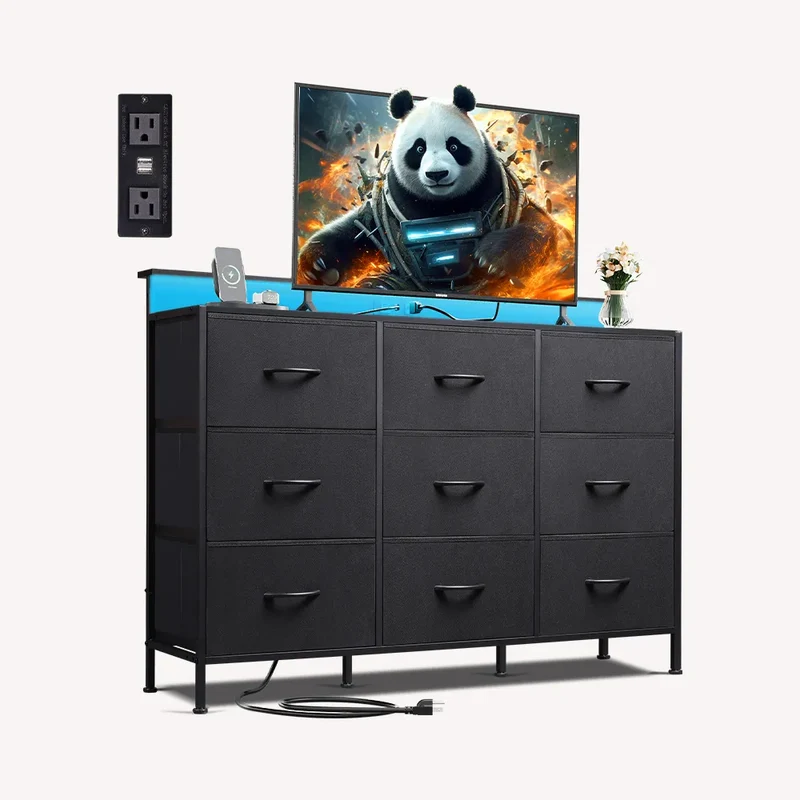 WLIVE Minimalist 9-Drawer LED Large Storage Fabric Dresser TV Stand