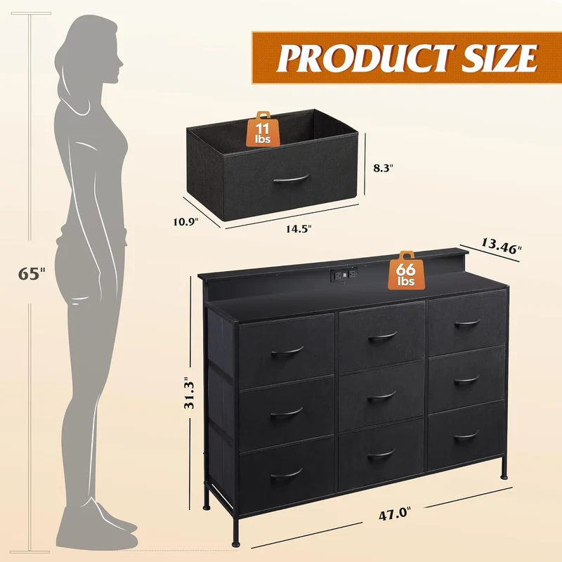 WLIVE Minimalist 9-Drawer LED Large Storage Fabric Dresser TV Stand