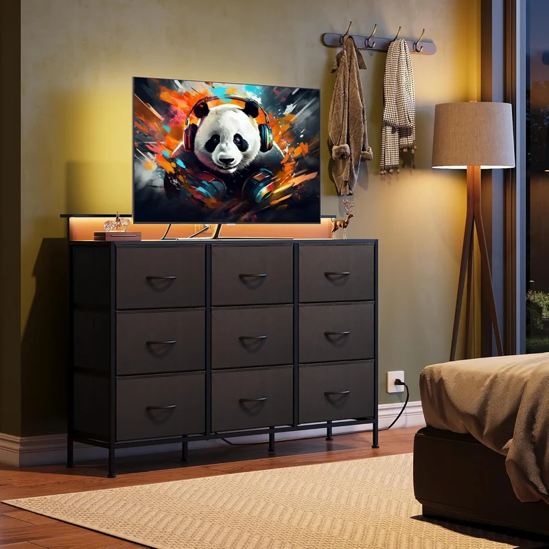 WLIVE Minimalist 9-Drawer LED Large Storage Fabric Dresser TV Stand