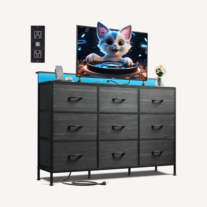 WLIVE Minimalist 9-Drawer LED Large Storage Fabric Dresser TV Stand