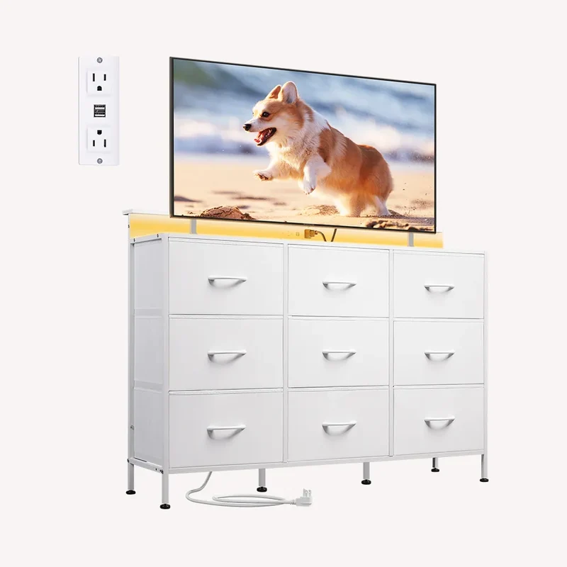 WLIVE Minimalist 9-Drawer LED Large Storage Fabric Dresser TV Stand