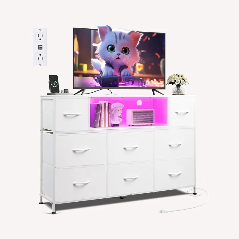 WLIVE Minimalist White 8-Drawer Display Fabric Dresser TV Stand