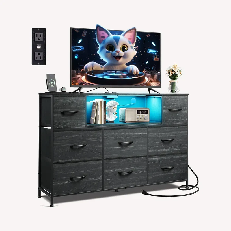 WLIVE Minimalist White 8-Drawer Display Fabric Dresser TV Stand