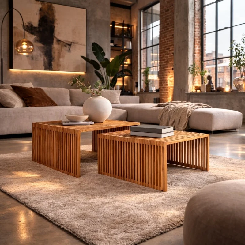 2.tlg. Teak Couchtisch-Set LINETA 80cm Wohnzimmertisch In-/Outdoor