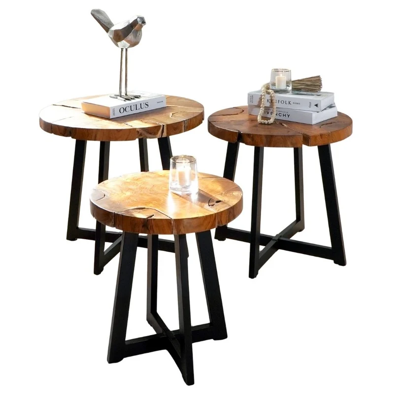 Runder Massivholz Couchtisch BAGIAN 80cm Teak natural Metall
