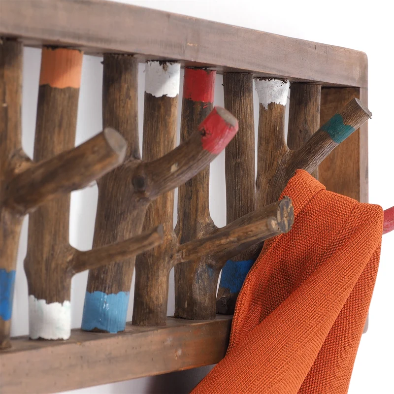 WANDGARDEROBE TREIBHOLZ UNIKAT | 80x22cm (BxH), Garderobe, Hakenleiste mit Ästen | Farbe: 11 vintage - bunt