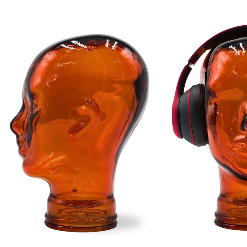 Glas KOPFHÖRERSTÄNDER transparent + satin | 29cm Glaskopf Skulptur | Farbe: T04 hot orange