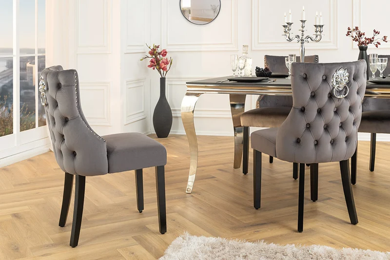 Edler Stuhl LEON Samt grau Löwenkopf Nieten Chesterfield
