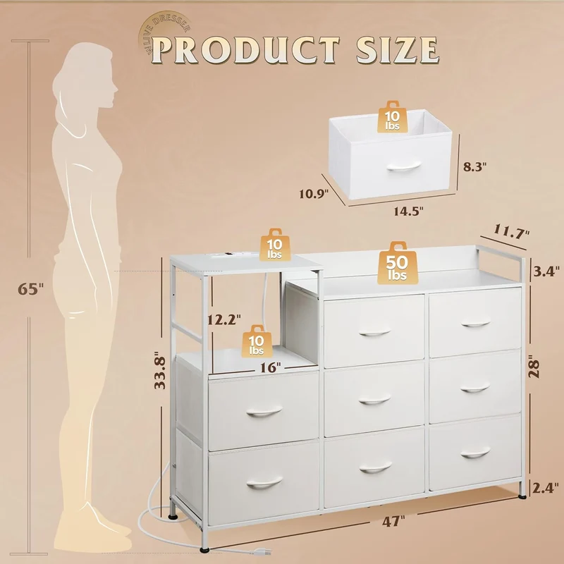 WLIVE Minimalist Three-column 8-Drawer Large Fabric Dresser