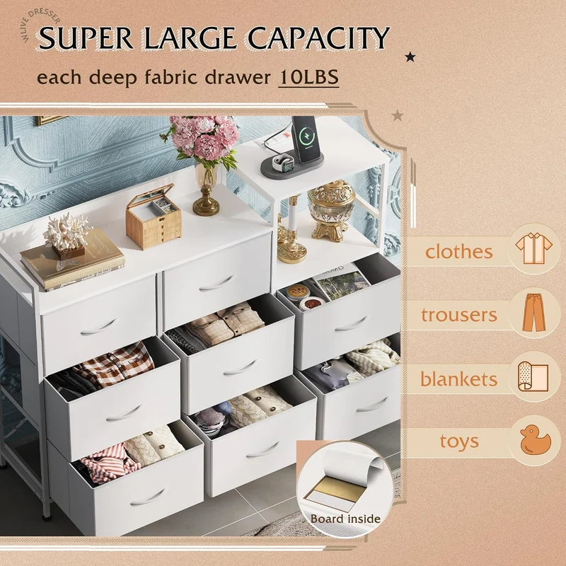 WLIVE Minimalist Three-column 8-Drawer Large Fabric Dresser