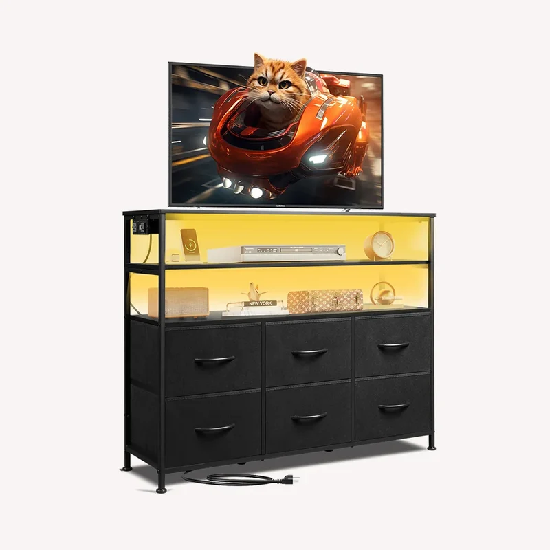 WLIVE Minimalist 6-Drawer LED Large Storage Fabric Dresser TV Stand