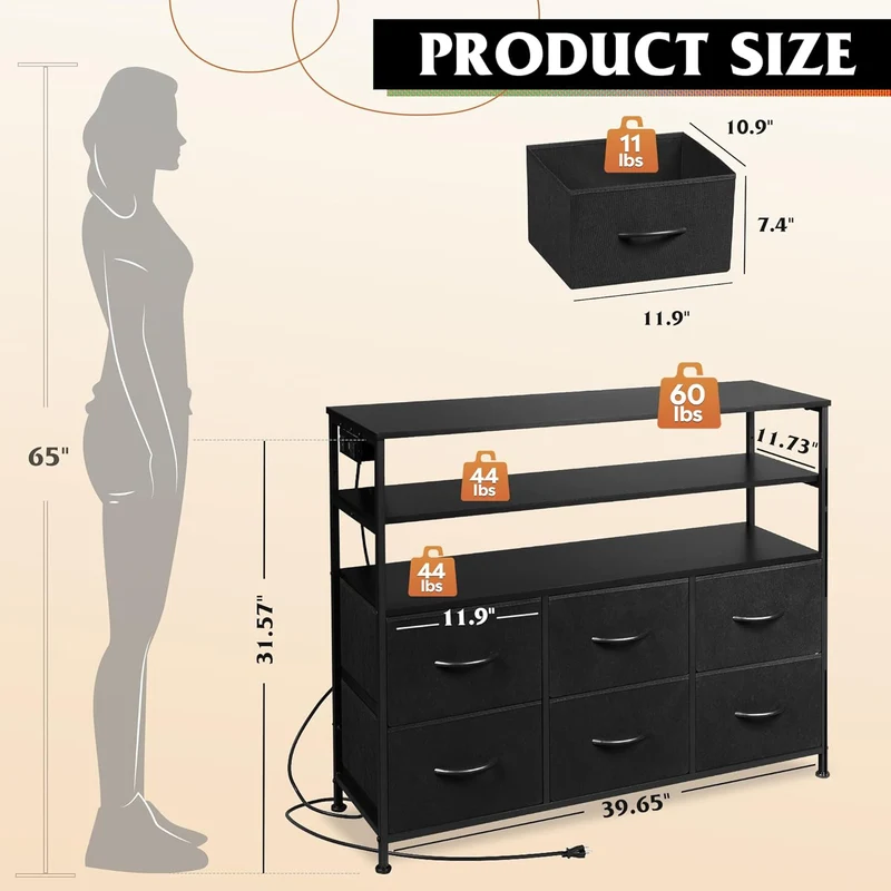 WLIVE Minimalist 6-Drawer LED Large Storage Fabric Dresser TV Stand