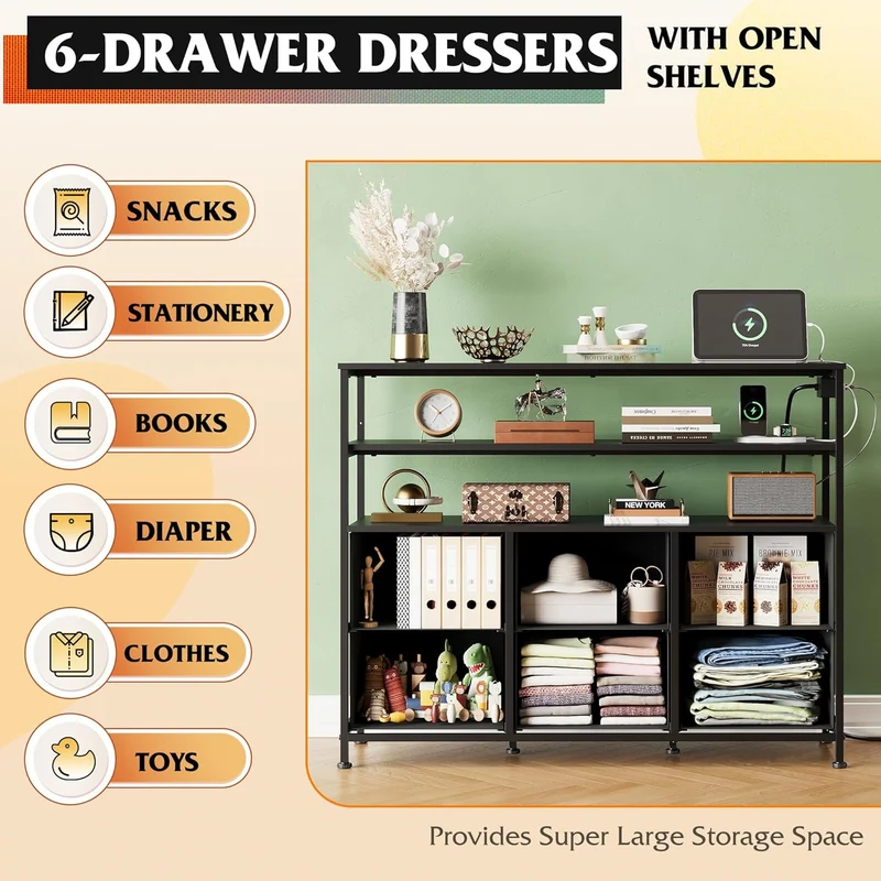 WLIVE Minimalist 6-Drawer LED Large Storage Fabric Dresser TV Stand