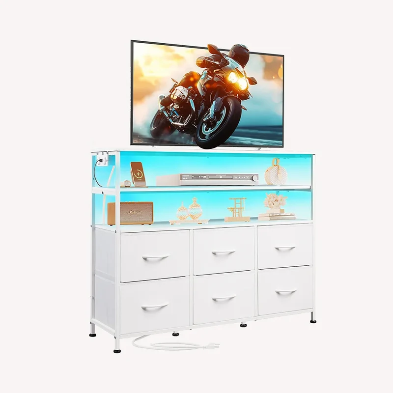 WLIVE Minimalist 6-Drawer LED Large Storage Fabric Dresser TV Stand