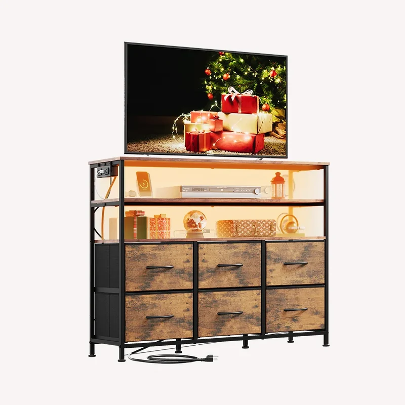 WLIVE Minimalist 6-Drawer LED Large Storage Fabric Dresser TV Stand