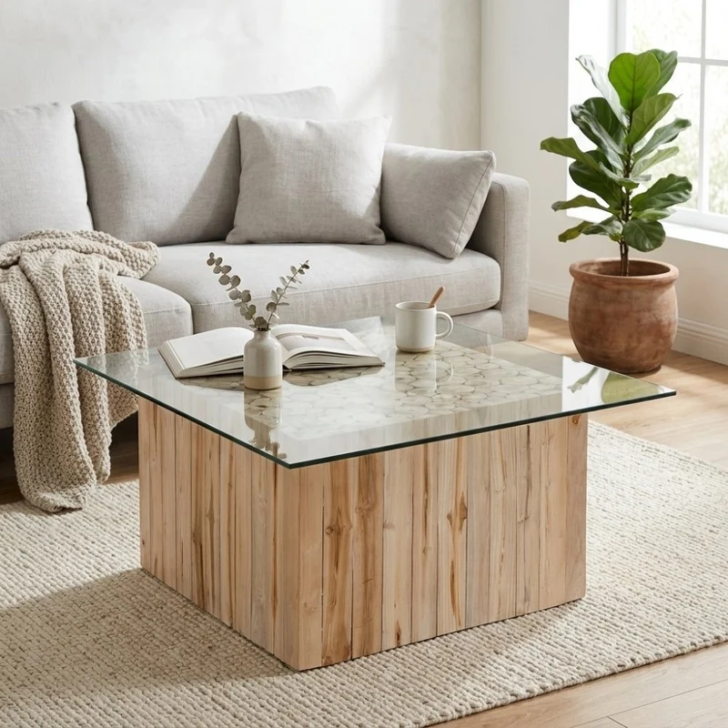 Teak Couchtisch JEFF mit Glasplatte 70x70cm Massivholz