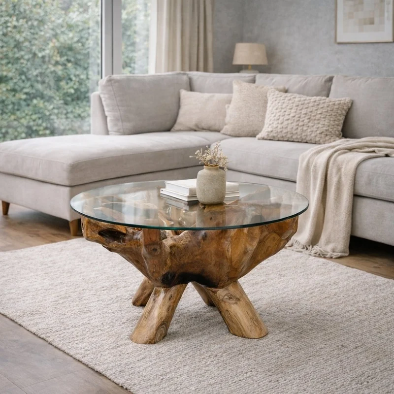 Individueller Teak Couchtisch ZONAS natural 70cm mit Glasplatte