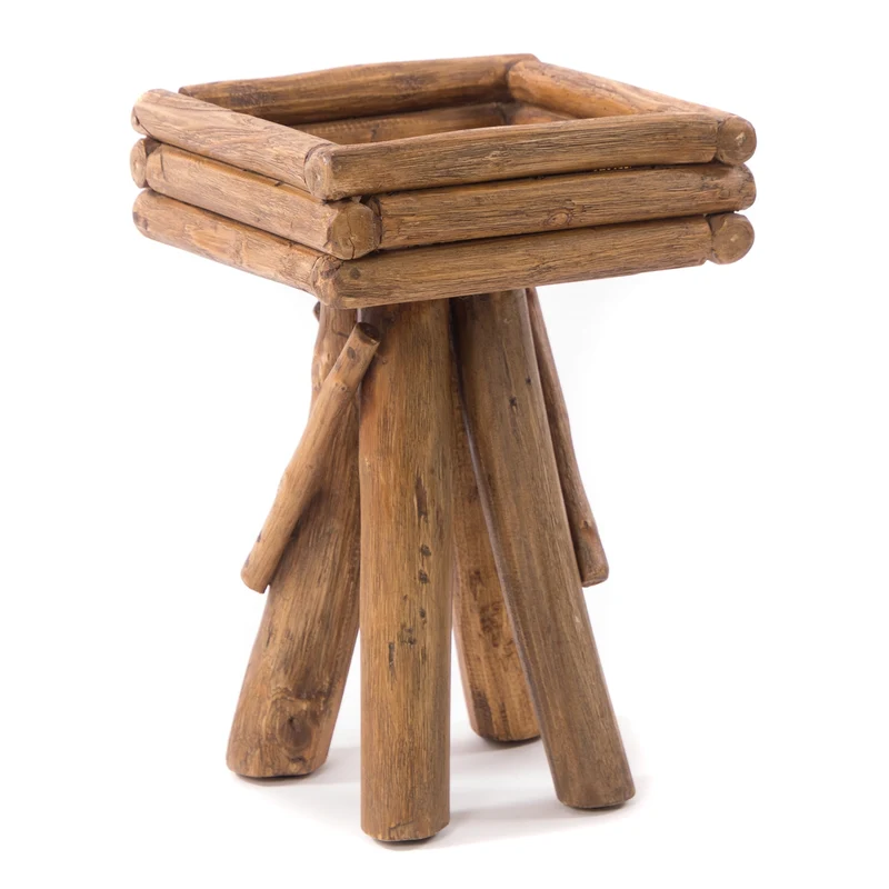 BLUMENHOCKER "TWIST" | Teak | rustikaler Holzhocker | Größe: groß