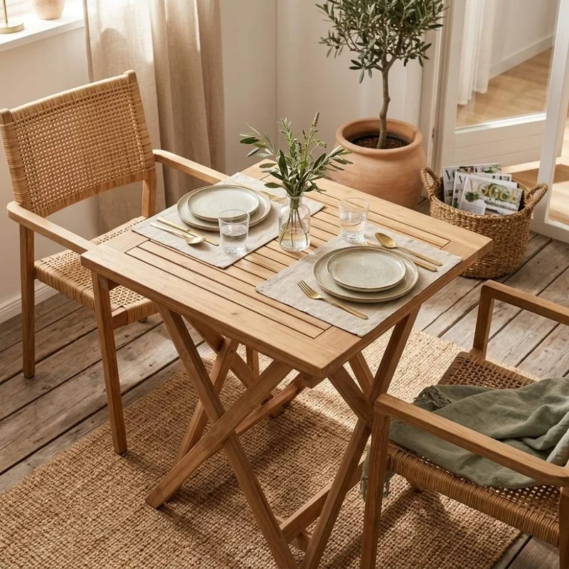 Klappbarer Teak Esstisch KURSI 70cm Natural Balkontisch