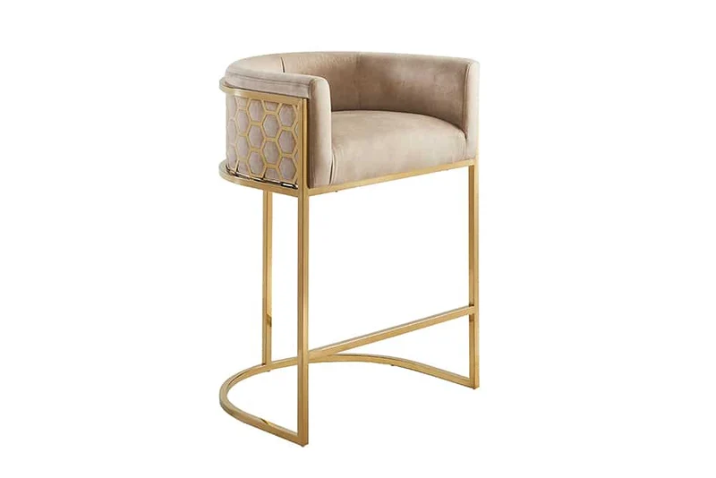 Edler Barhocker LEGANZA beige Samt gold Edelstahl Armlehne