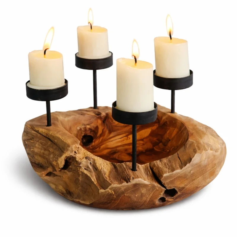 Handgefertigte Kerzenhalterschale PREMIUM 30cm Teakholz Natural Unikat