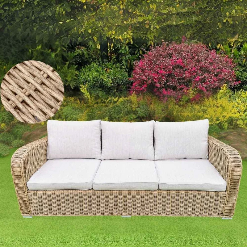 3er Lounge Sofa VITA 210cm rundes Polyrattan Natural Gartenmöbel