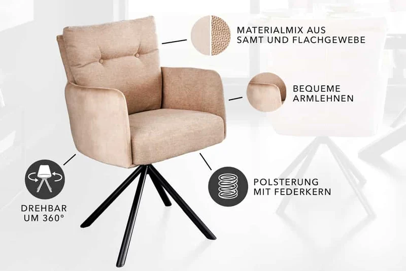 Bequemer Drehstuhl CHARLES II beige Samt Strukturstoff Federkern
