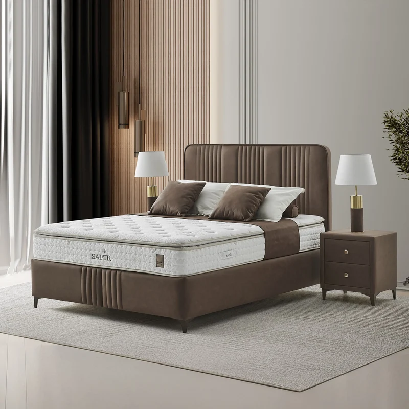 Safir Almina Boxspringbett Set inkl. Matratze – Langlebigkeit und Komfort durch Bonell-Federkern, Baumwolle, Schaumstoff und Thermobond-Fasern für entspannenden Schlaf