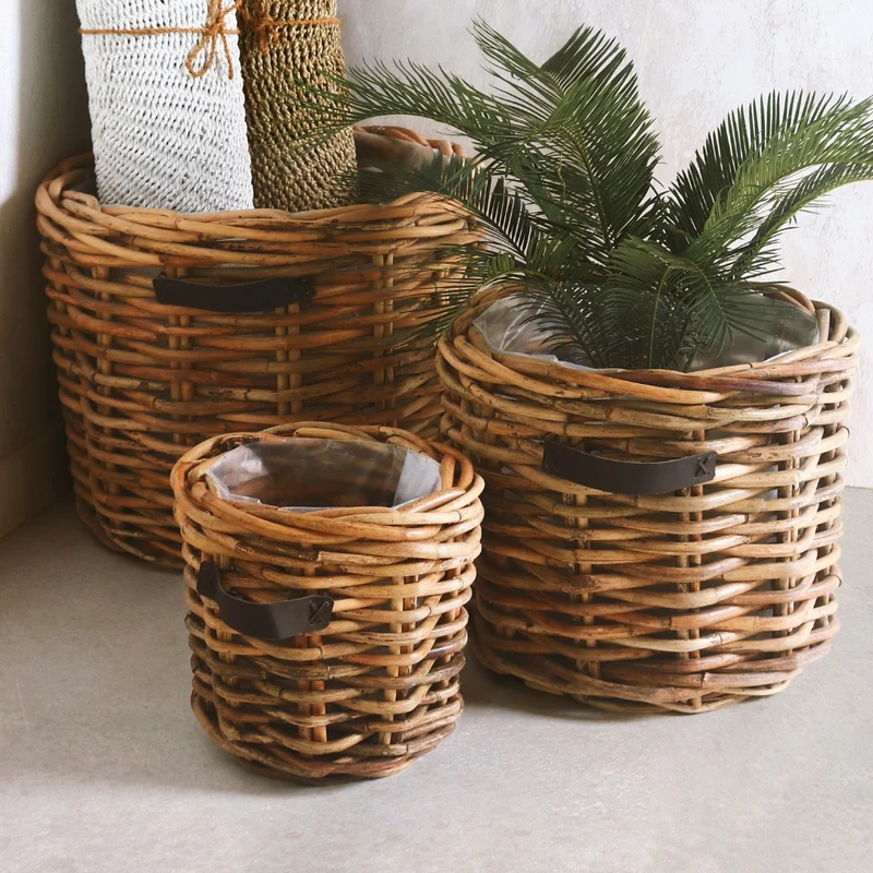 Dickes CL Rattan Pflanzkorb CESTINO natural ca.D65cm Ledergriffe
