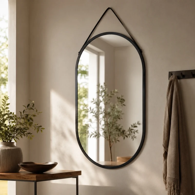 Moderner Spiegel PANIR 60cm oval schwarzer Metallrahmen Gurt