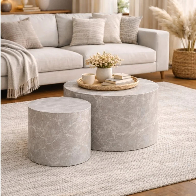 2er Couchtisch-Set POSTATO 50cm rund Design Marmor-Look creme beige