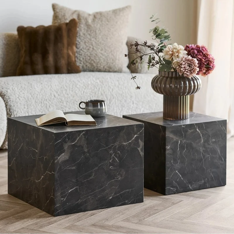 2er Couchtisch-Set POSTATO 50cm | Modernes Design Marmor-Look braun