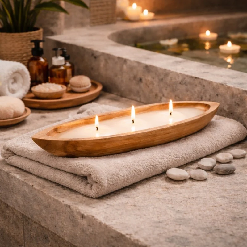 Individuelle CERO-Boat Kerzenschale aus Teakholz 60 cm | Natur Kerze