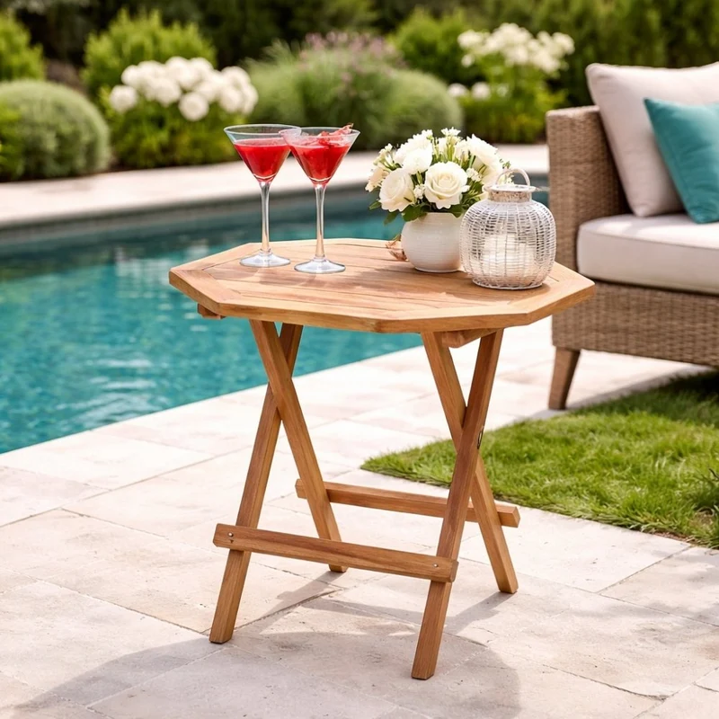 Teak Klapptisch KURSI-Okto 50cm Natural Massivholz Beistelltisch Outdoor