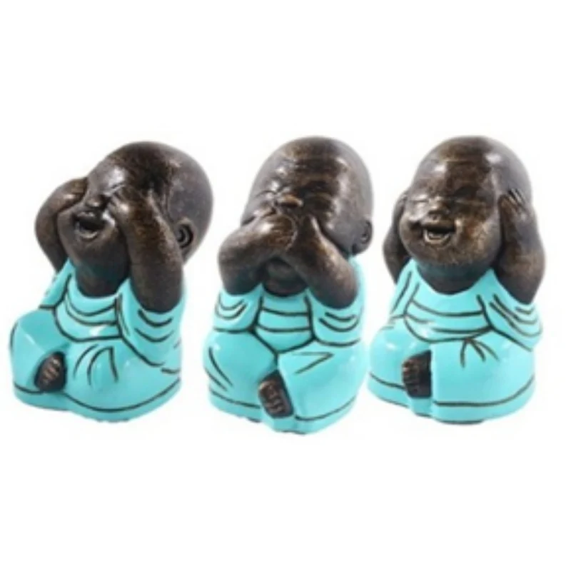 3er Set SHAOLIN Figuren türkis aus Zement Buddha