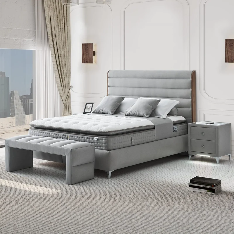 Naomi Kanvas Boxspringbett Set inkl. Matratze – 1600 Federn, Doppelkern-Technologie, Antibakterieller Viscon-Stoff & Keten-Seitenwände für Optimale Unterstützung und Hygienisches Schlafklima