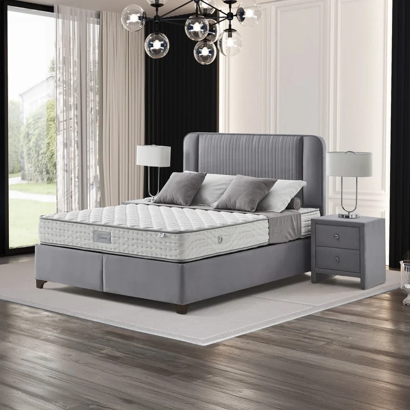 Silber Meridian Boxspringbett Set inkl. Matratze – Bonell-Federkern für Maximale Hygiene, Komfort & Langlebigkeit