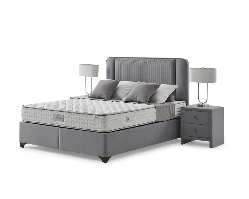 Silber Meridian Boxspringbett Set inkl. Matratze – Bonell-Federkern für Maximale Hygiene, Komfort & Langlebigkeit