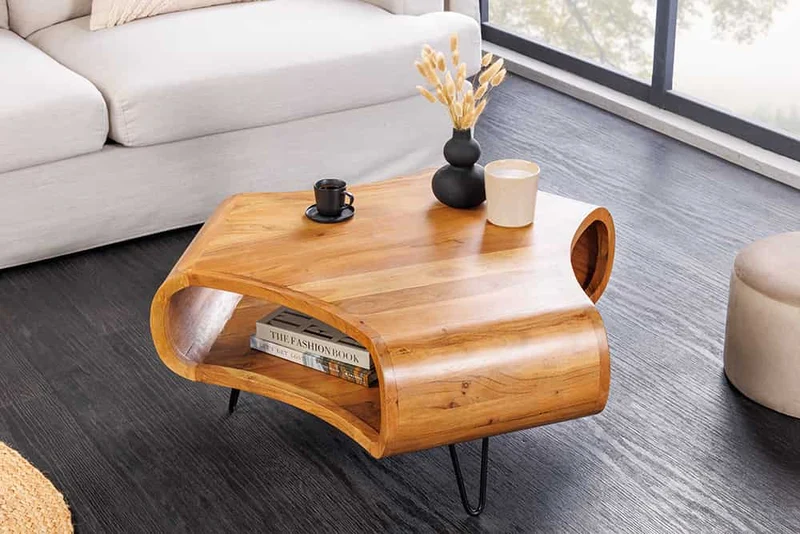 Design Couchtisch LIVE-RANIC 90cm braun Akazienholz mit Stauraum