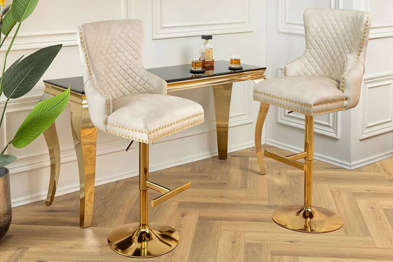 Edler höhenverstellbarer Barstuhl LEON Samt beige Edelstahl Löwenkopf
