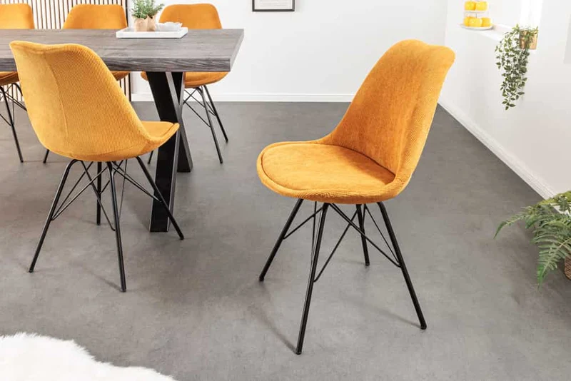 4er Set Design-Klassiker Stuhl NORWAY senfgelb Cord Metallgestell