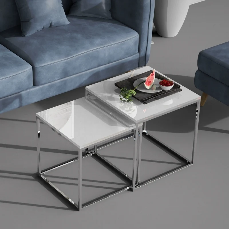 2er Set Design Beistelltisch MENTO weiss hochglanz 50cm Edelstahl
