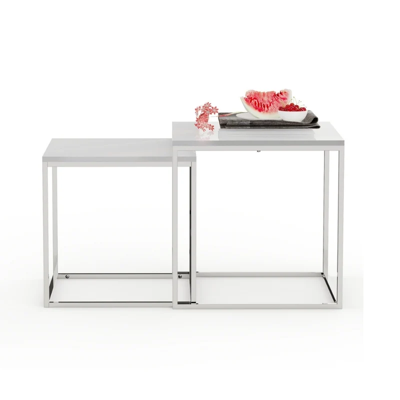 2er Set Design Beistelltisch MENTO weiss hochglanz 50cm Edelstahl