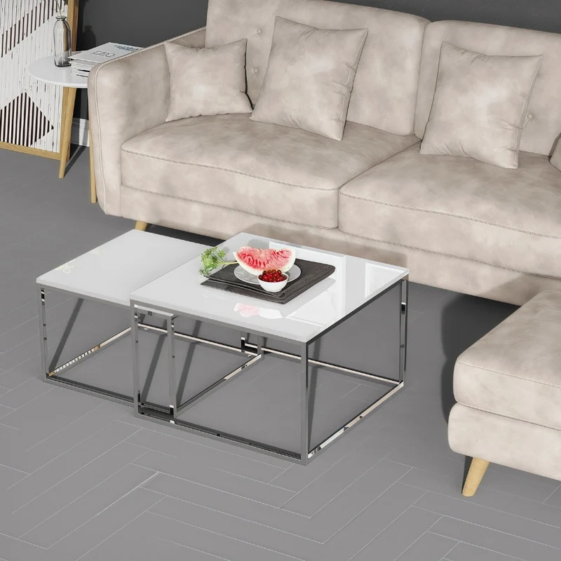 2er Set Design Couchtisch MENTO weiss hochglanz 60cm Edelstahl
