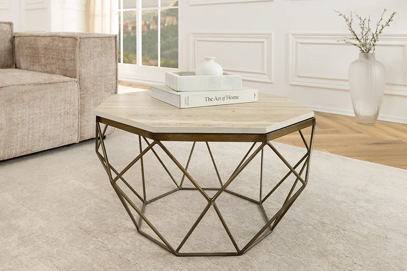 Exklusiver Couchtisch BIJOUX ca.70cm beige Travertin schwarz Metall