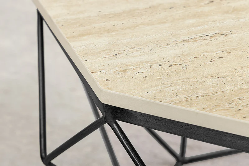 Exklusiver Couchtisch BIJOUX ca.70cm beige Travertin schwarz Metall