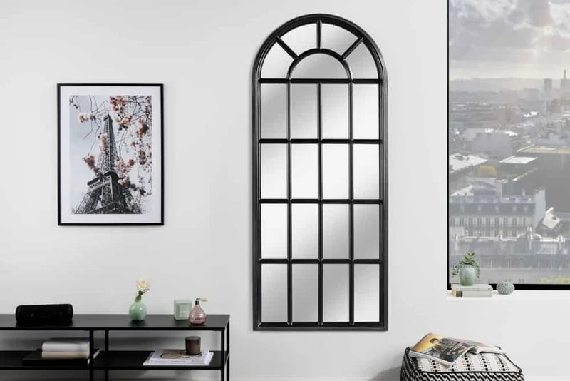 Design Rundbogen-Fenster-Spiegel 140cm schwarz Sprossen Landhaus